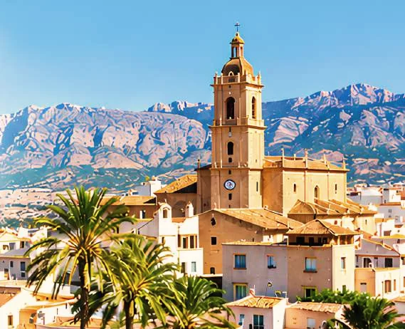 Hvite hus og et kirketårn under fjellene på Costa Blanca